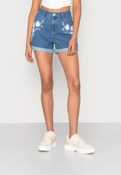 Vila Viwoody Festival - Shorts Vaqueros - Medium Blue Denim Cloud Dancer Embroidery