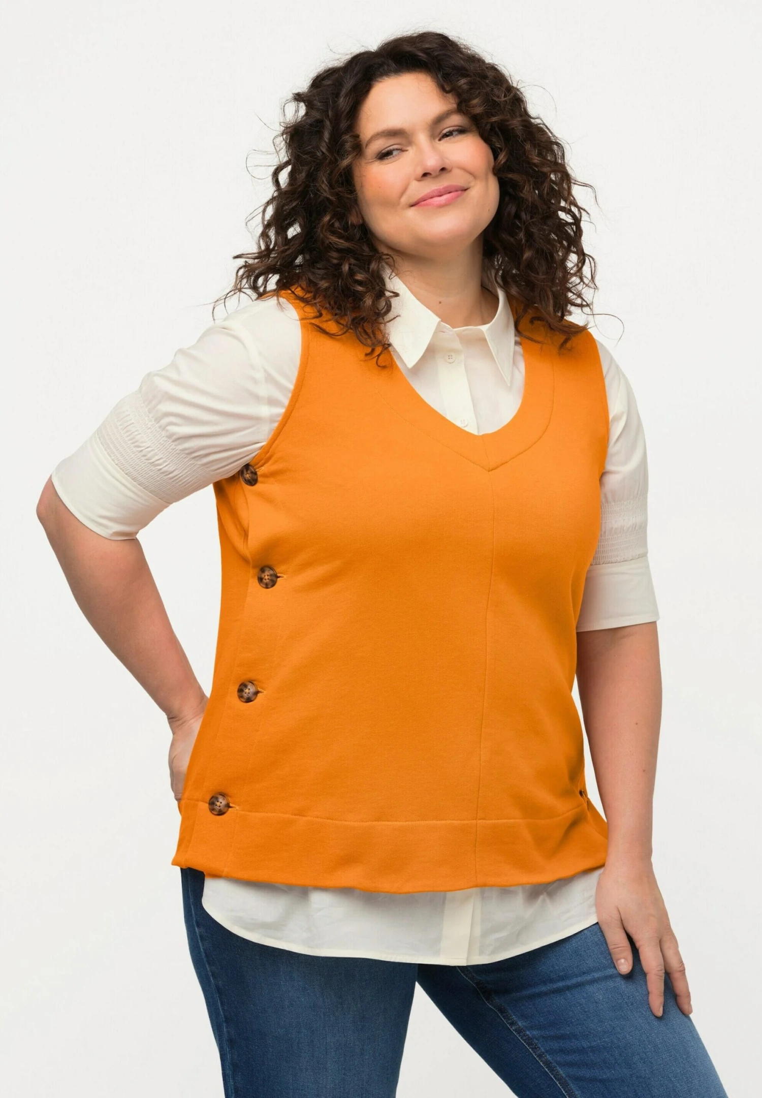 Ulla Popken Sans Manches En Boutons Sur Les Côtés Col V - Top - Mandarine Brillante