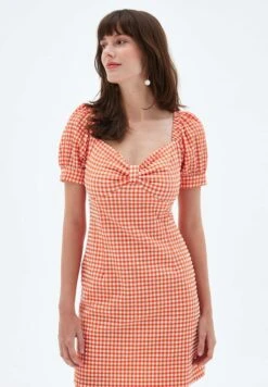 Short Balloon Sleeve - Vestido De Tubo - Plaid Coral
