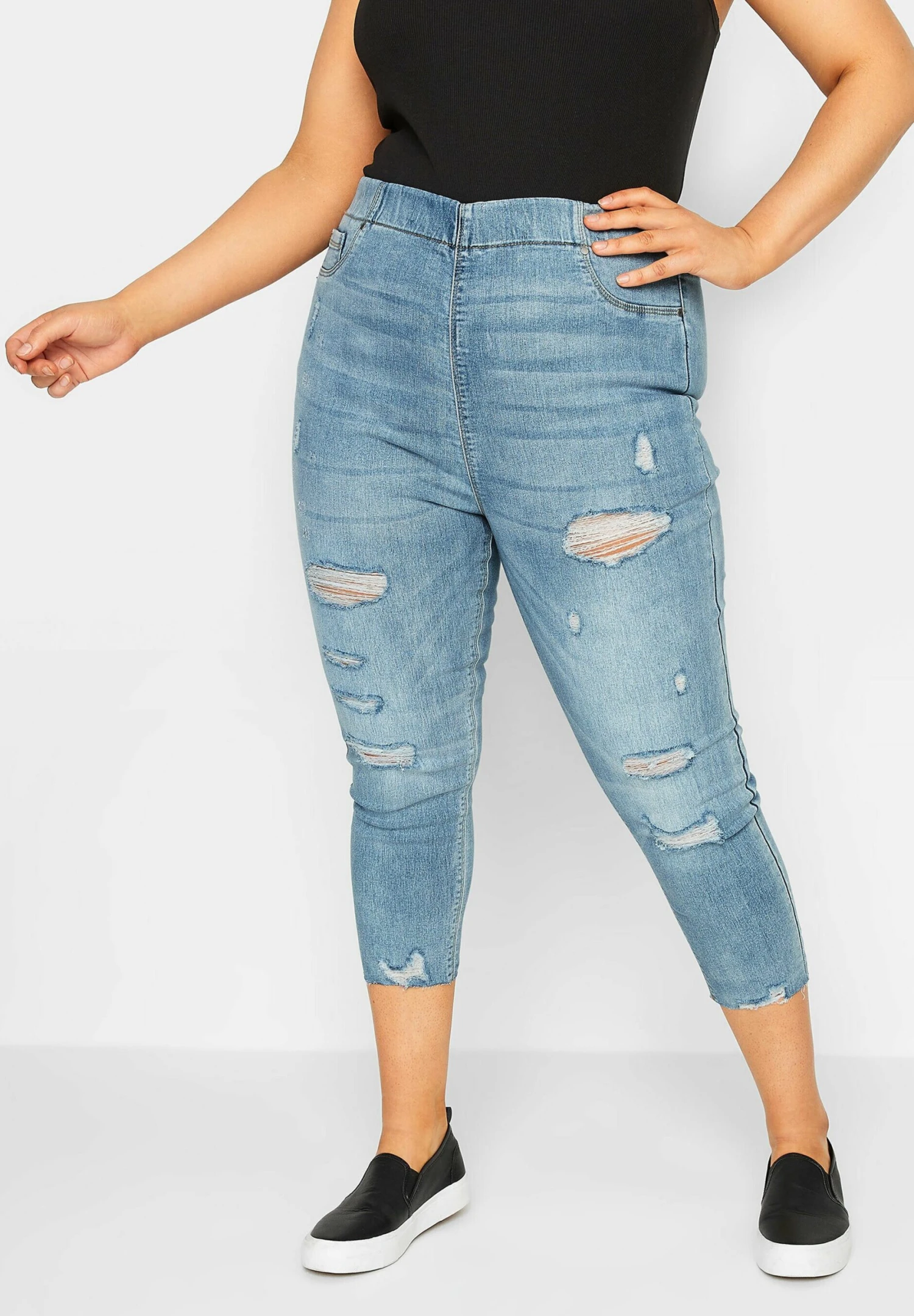 Ripped Cropped- Jeggings - Mid Blue