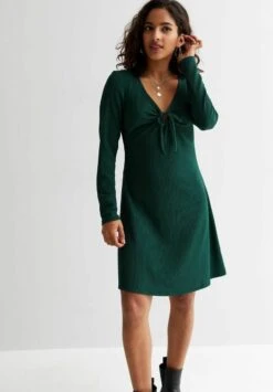 Crinkle Long Sleeve Tie Front - Vestido Informal - Dark Green