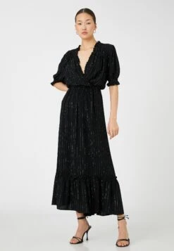 Koton V Neck Silvery Striped Puff Sleeve Long Wrapped - Vestido Largo - Black