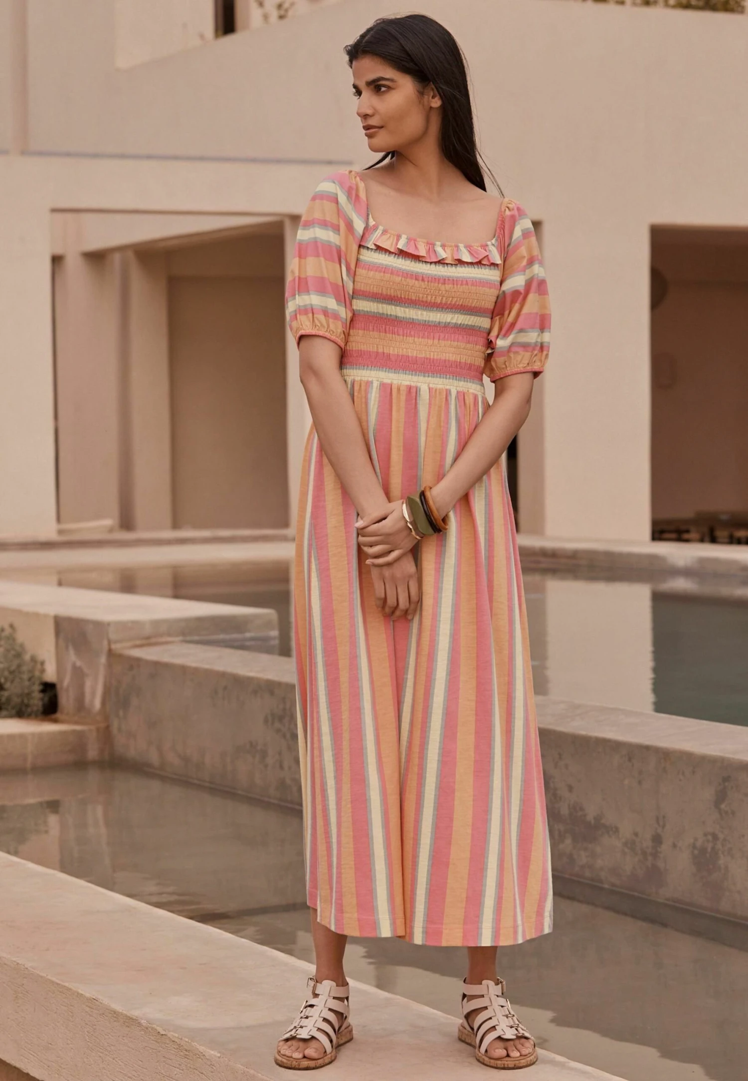 Next Puff Sleeve Square Neck Midi Standard - Vestido Largo - Pink Stripe