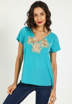Con Flores Bordadas - Blusa - Azul