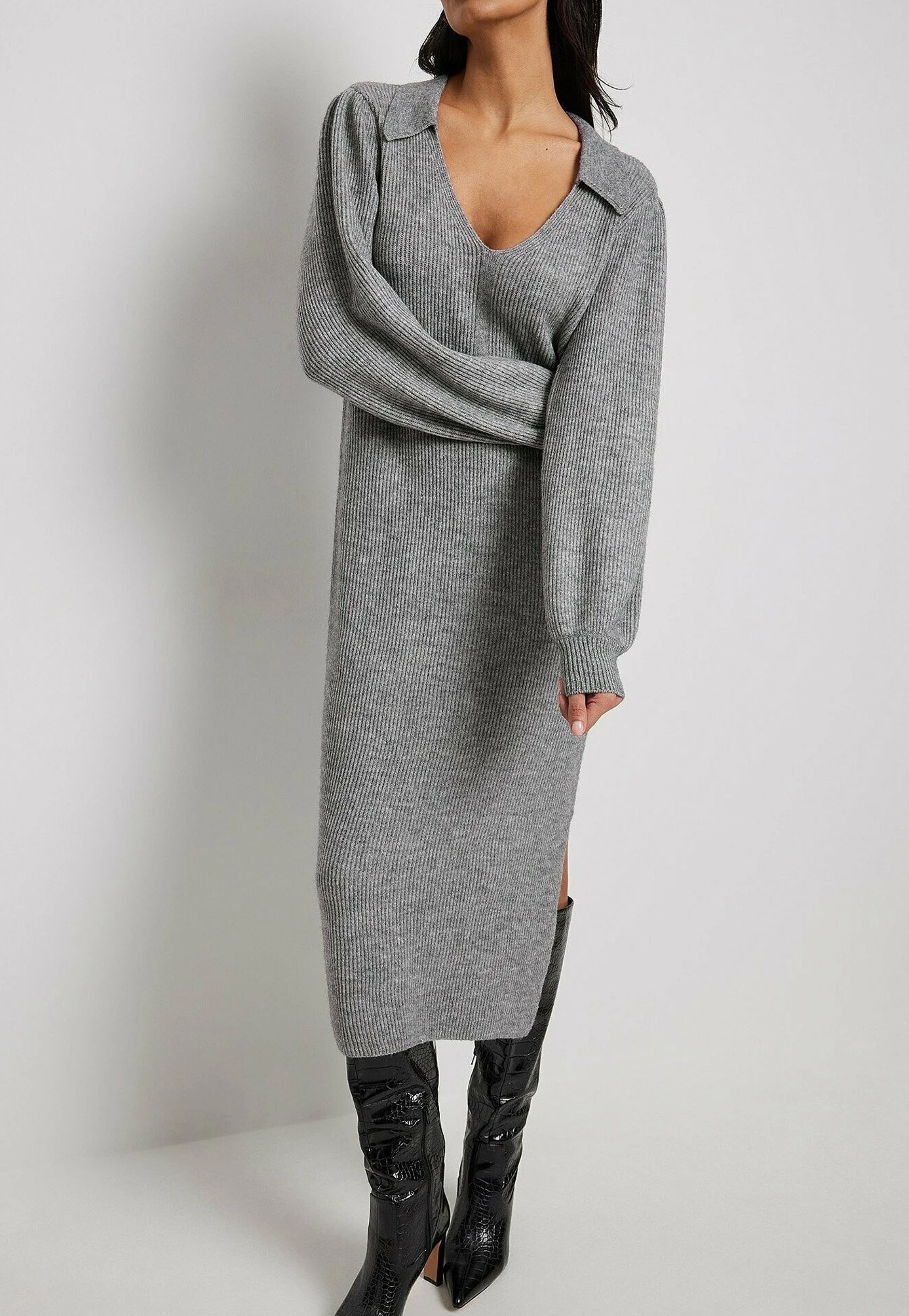 NA-KD Mit Kragen - Vestido De Punto - Grey Melange
