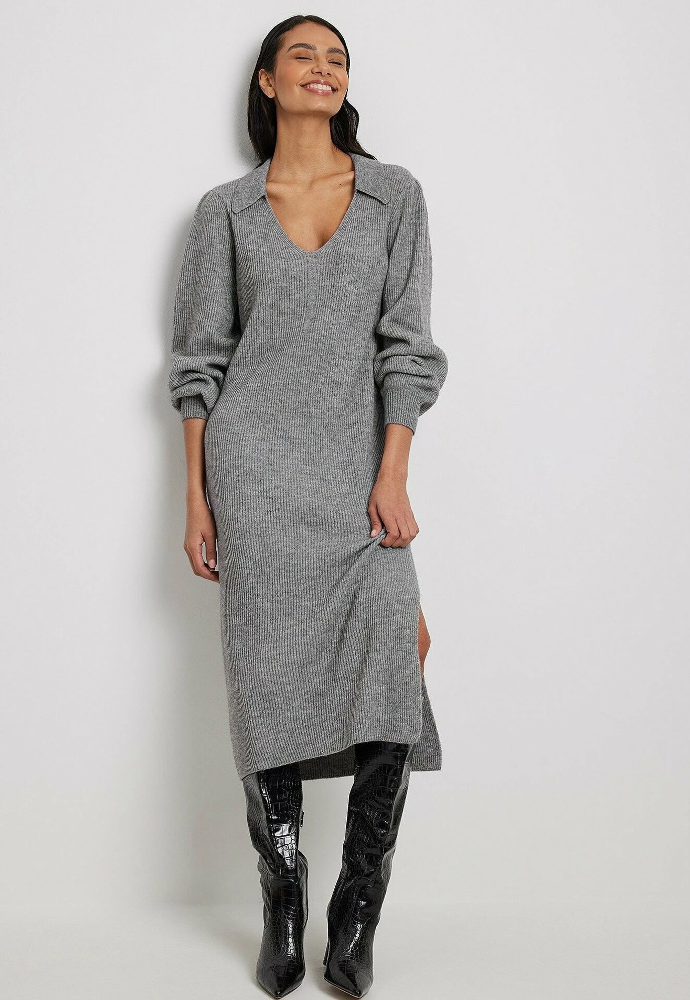 NA-KD Mit Kragen - Vestido De Punto - Grey Melange - Imagen 2