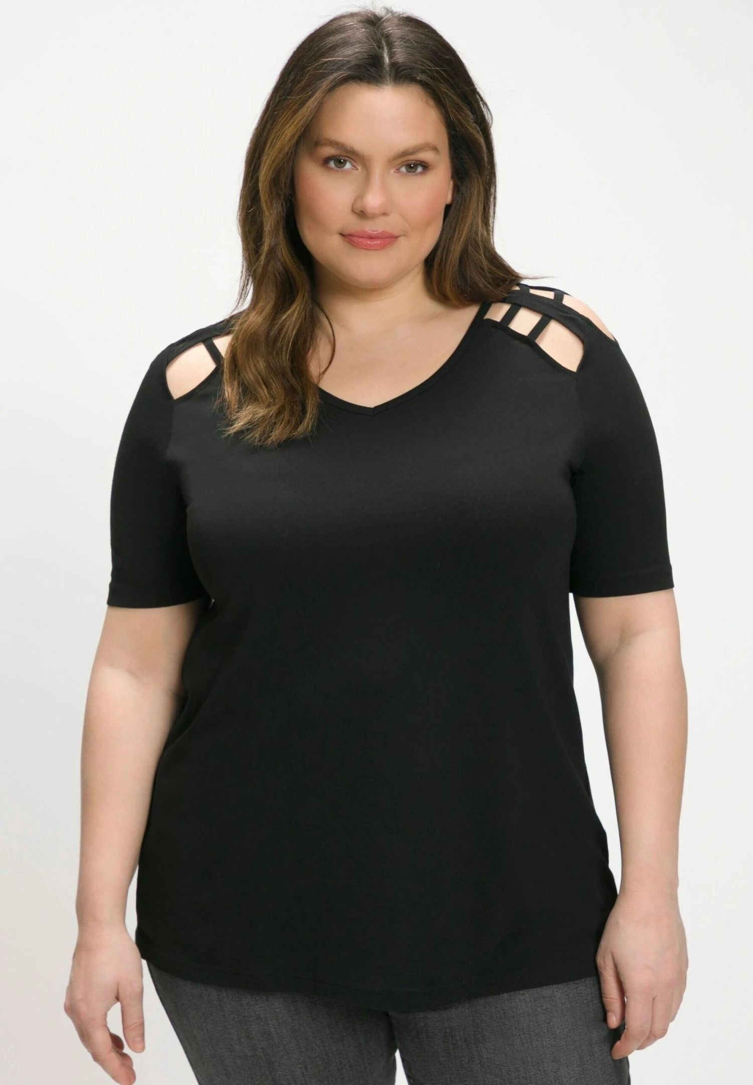 Ulla Popken Ausschnitte A-Linie V-Ausschnitt Halbarm - Camiseta Estampada - Schwarz