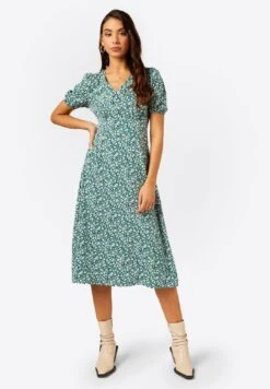 Urban Threads Button Up Floral Midi- Vestido Informal - Green/White