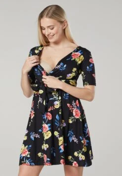 With A Belt And A Print - Vestido Informal - Czarny W Kwiaty