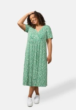 Leaf Print Short Sleeved Midi - Vestido Ligero - Green