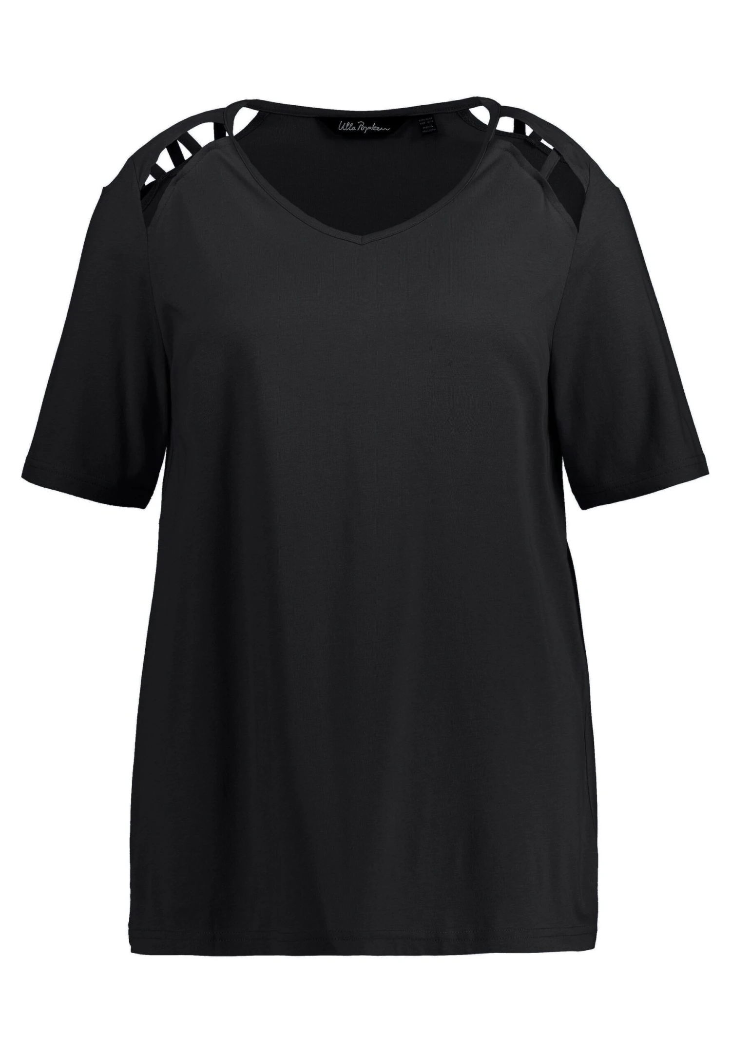 Ulla Popken Ausschnitte A-Linie V-Ausschnitt Halbarm - Camiseta Estampada - Schwarz - Imagen 4